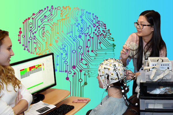 college students set up EEG cap on human subject to watch brain waves